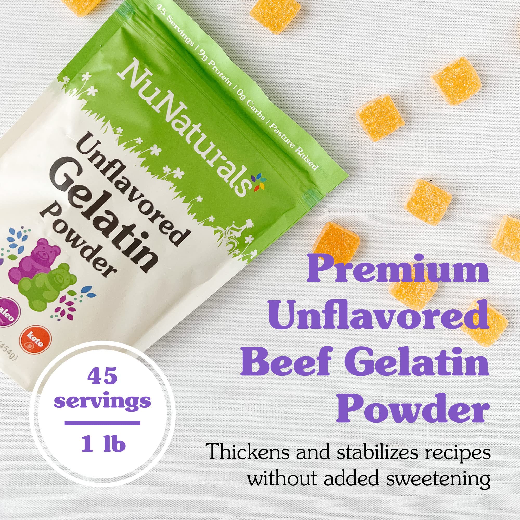 NuNaturals gelatin powder dissolving in liquid to create smooth textures