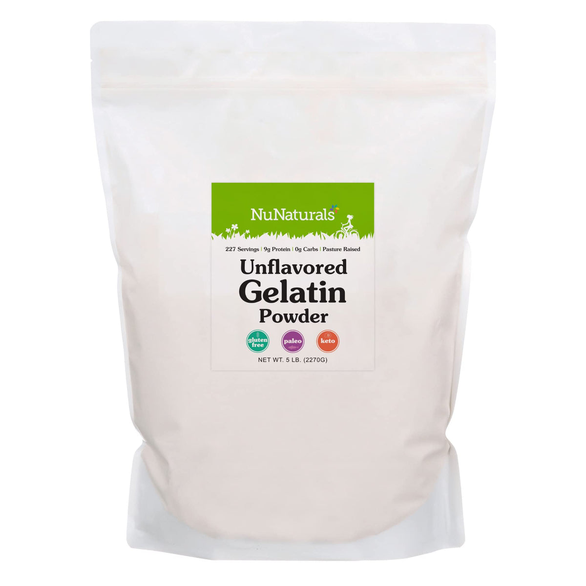 NuNaturals beef gelatin powder in a 5 lb bag for protein-rich thickening