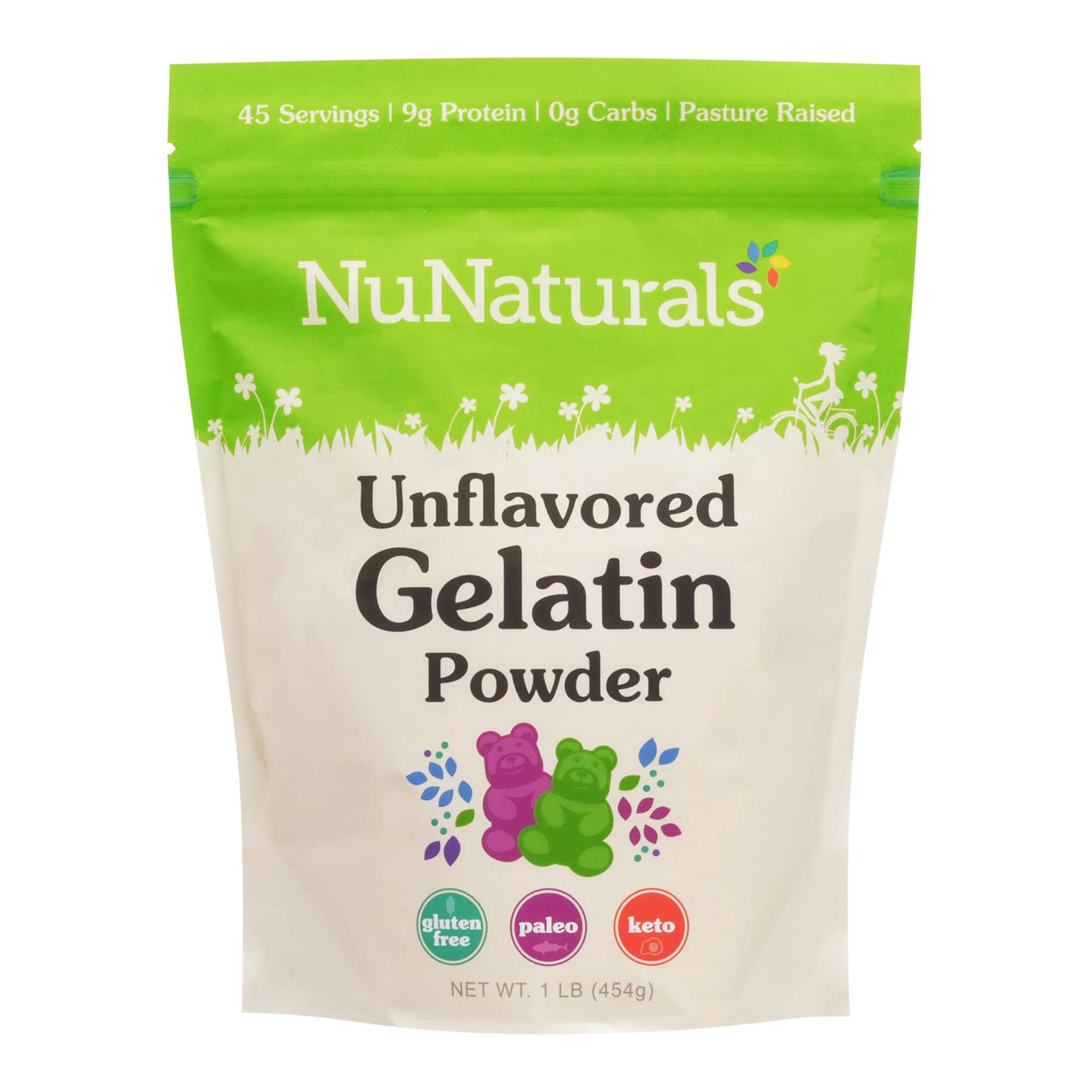 NuNaturals beef gelatin powder label emphasizing purity and simple, additive-free thickening