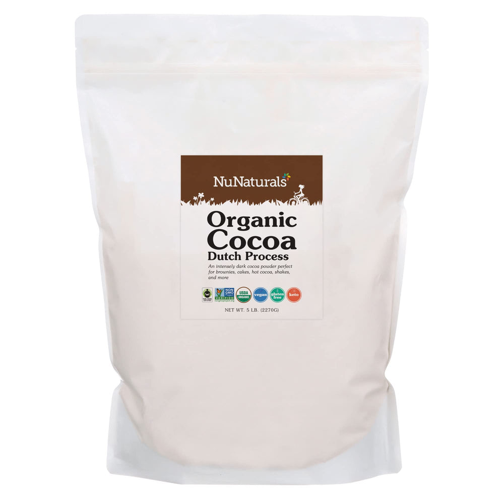 NuNaturals cocoa powder packaging showcases premium Dutch-process chocolate for baking and drinking.