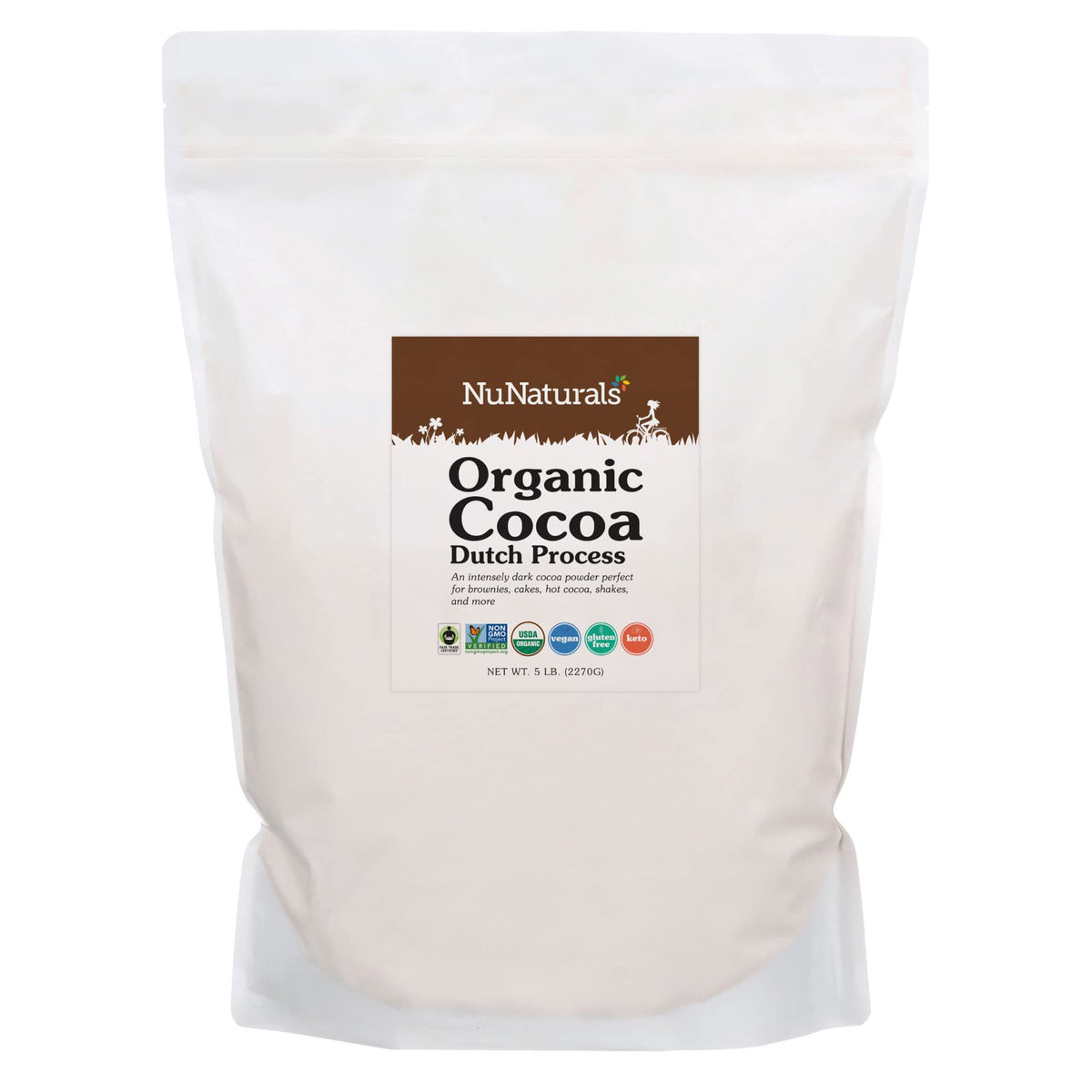 NuNaturals cocoa powder packaging showcases premium Dutch-process chocolate for baking and drinking.