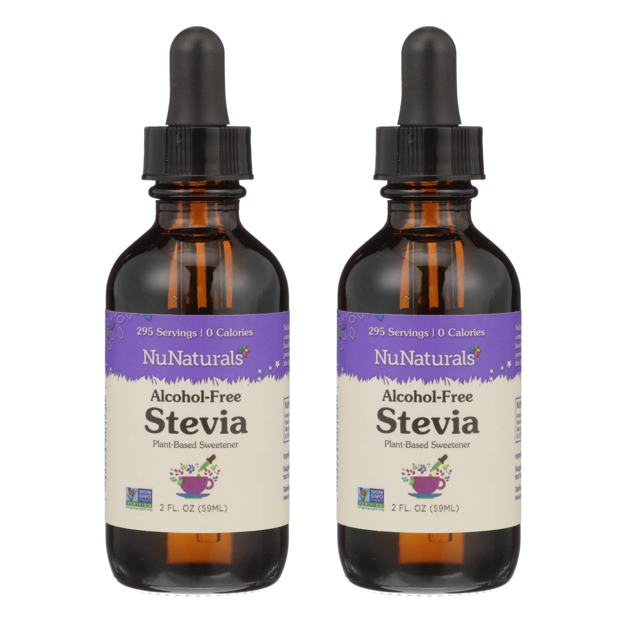 NuNaturals liquid stevia bottle for zero-calorie sweetness in coffee.