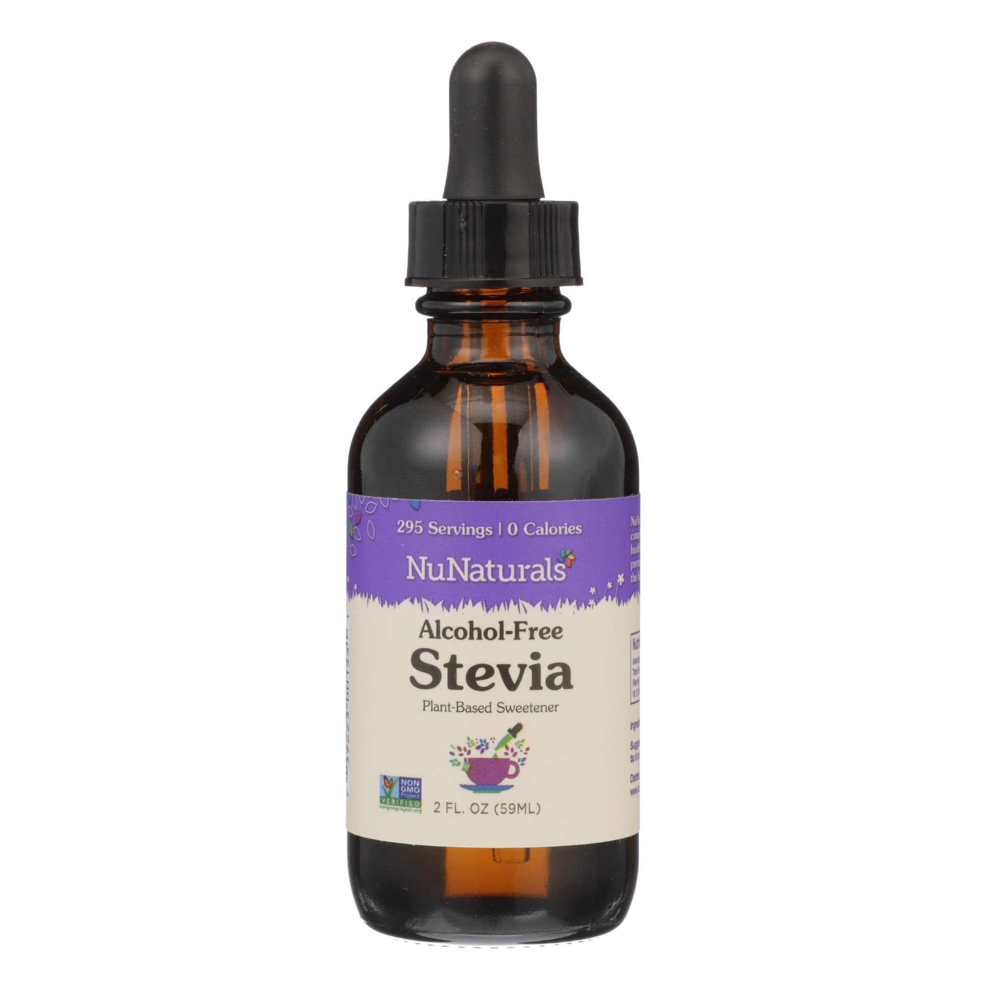 NuNaturals liquid stevia bottle shows zero-calorie sweetness for beverages and recipes