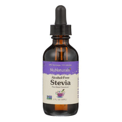NuNaturals liquid stevia bottle shows zero-calorie sweetness for beverages and recipes