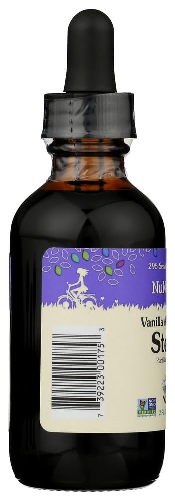NuNaturals vanilla liquid stevia bottle front view, convenient sugar substitute