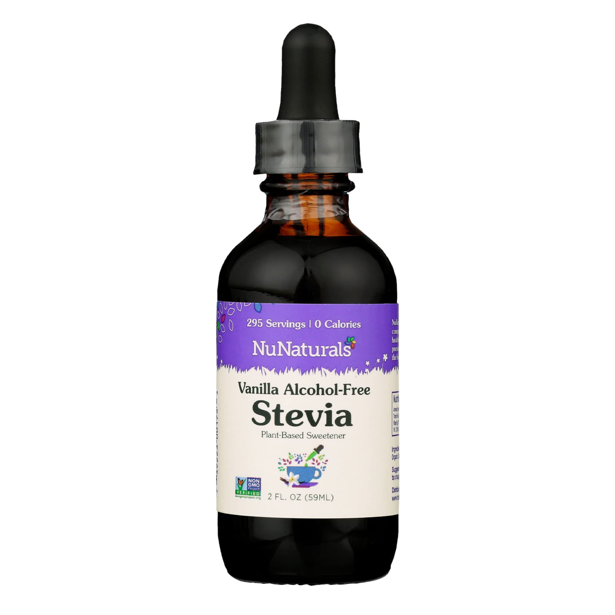 NuNaturals liquid stevia vanilla bottle on the counter for zero-calorie sweetness.