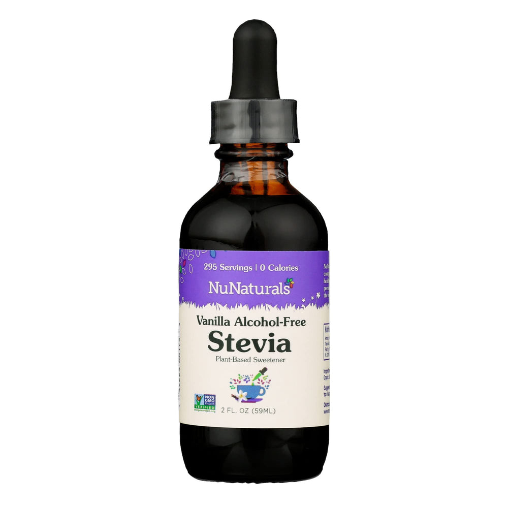 NuNaturals liquid stevia vanilla bottle on the counter for zero-calorie sweetness.