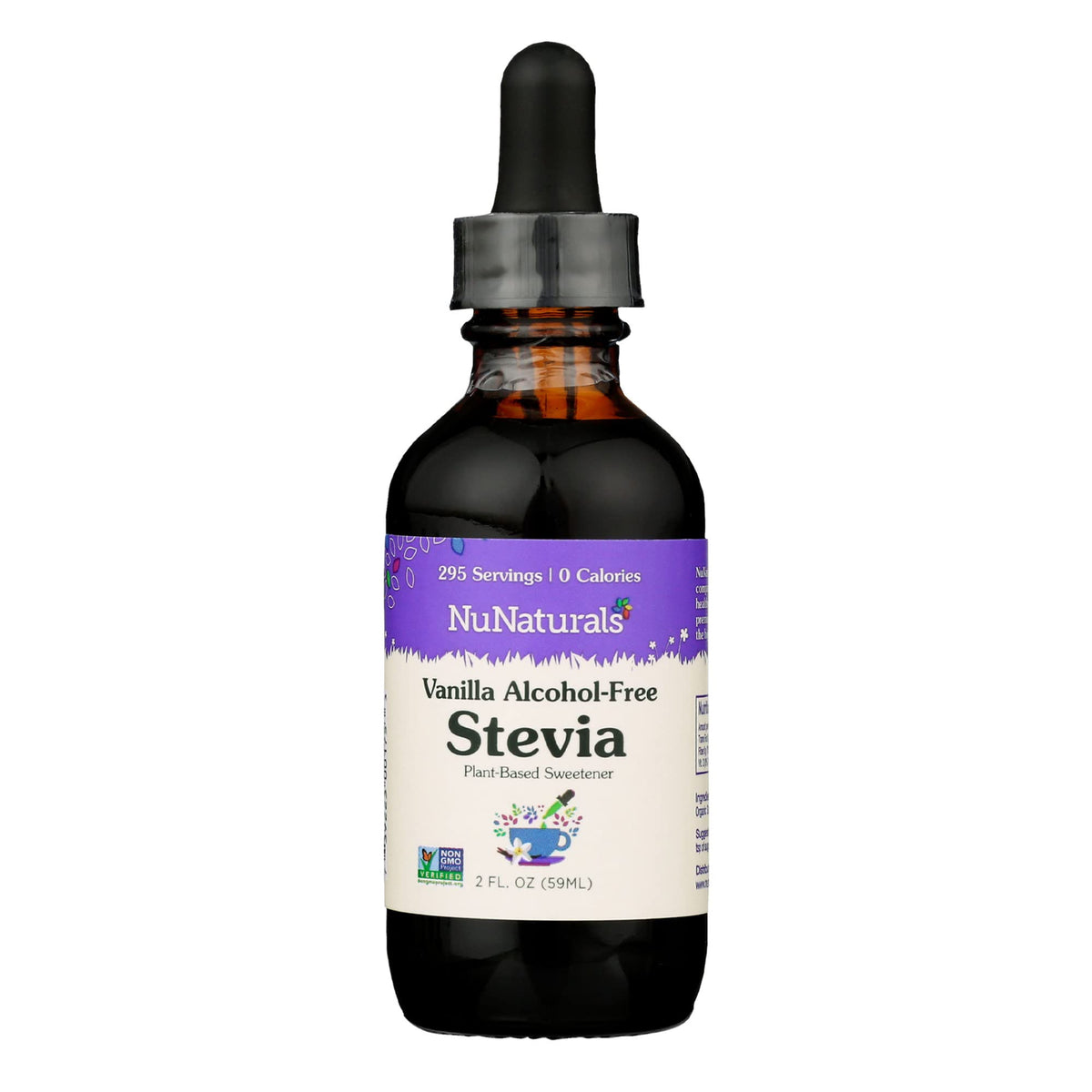 NuNaturals liquid stevia vanilla bottle on the counter for zero-calorie sweetness.