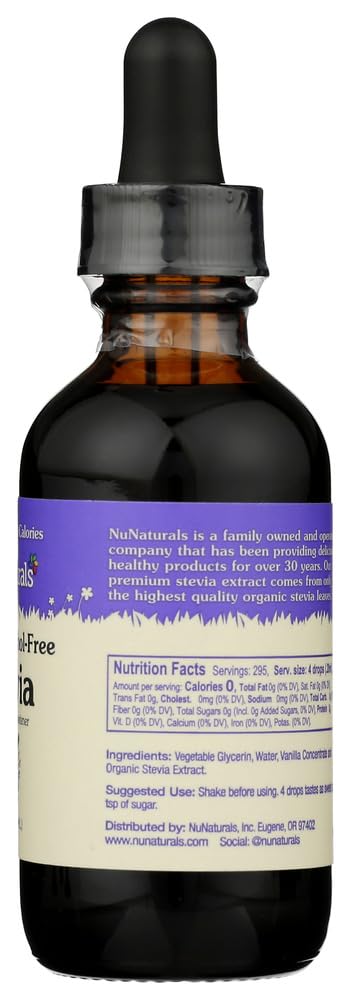 Label close-up of NuNaturals liquid stevia vanilla, natural sweetener for recipes