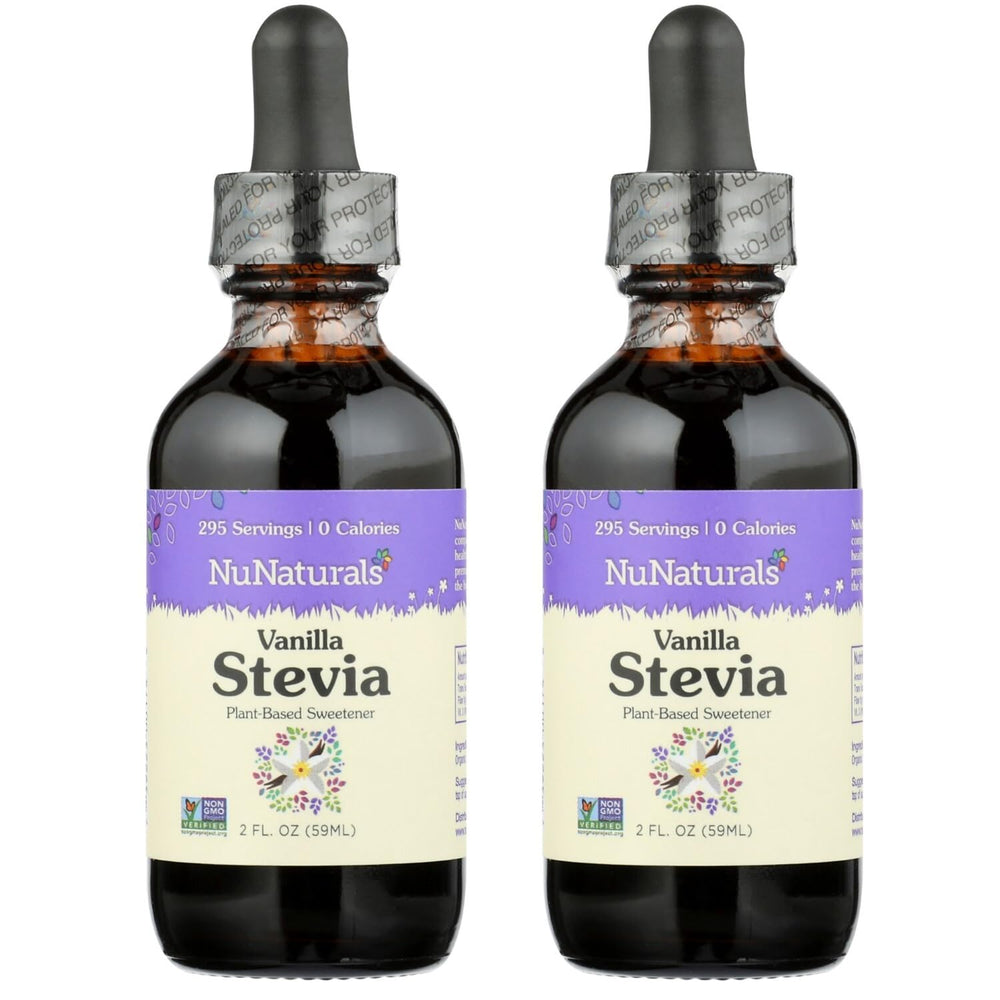 Nunaturals Vanilla Stevia bottle shown for sugar-free sweetness in drinks.