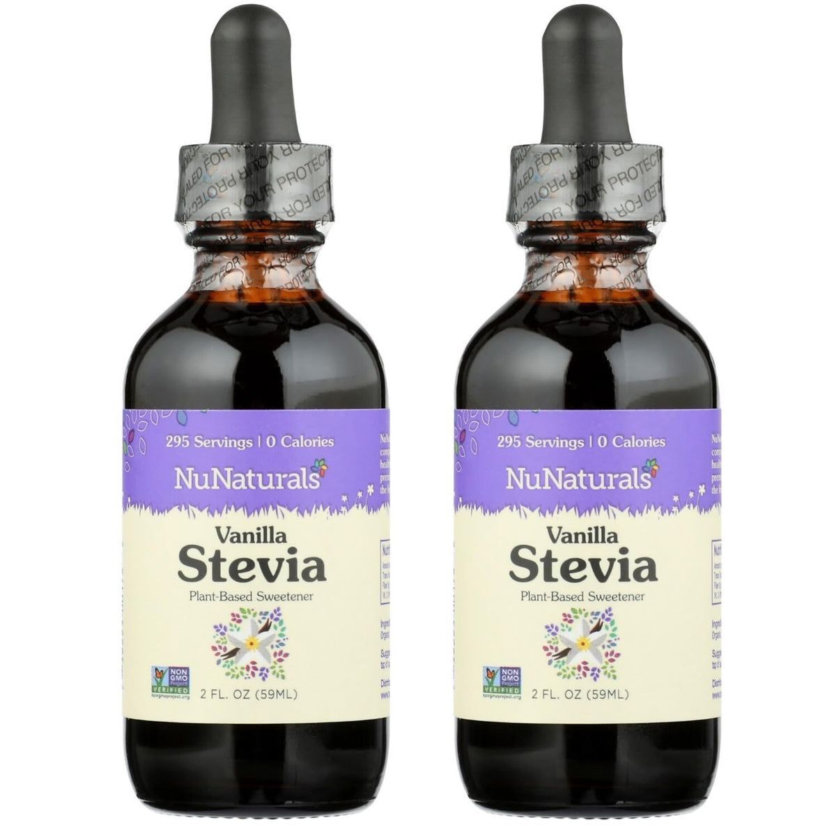 Nunaturals Vanilla Stevia bottle shown for sugar-free sweetness in drinks.