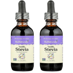 Nunaturals Vanilla Stevia bottle shown for sugar-free sweetness in drinks.