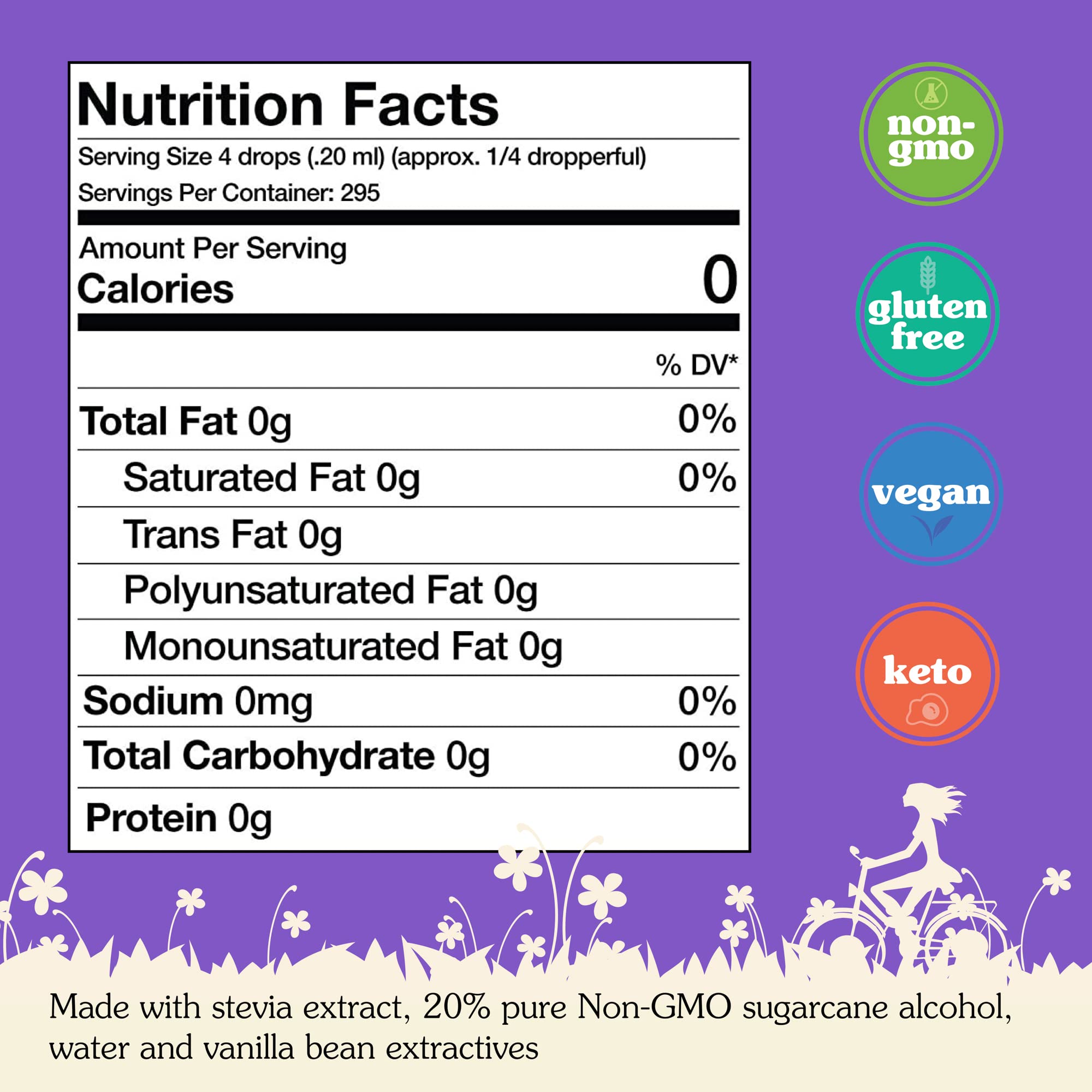Nunaturals Vanilla Stevia dropper highlights concentrated zero-calorie sweetening.