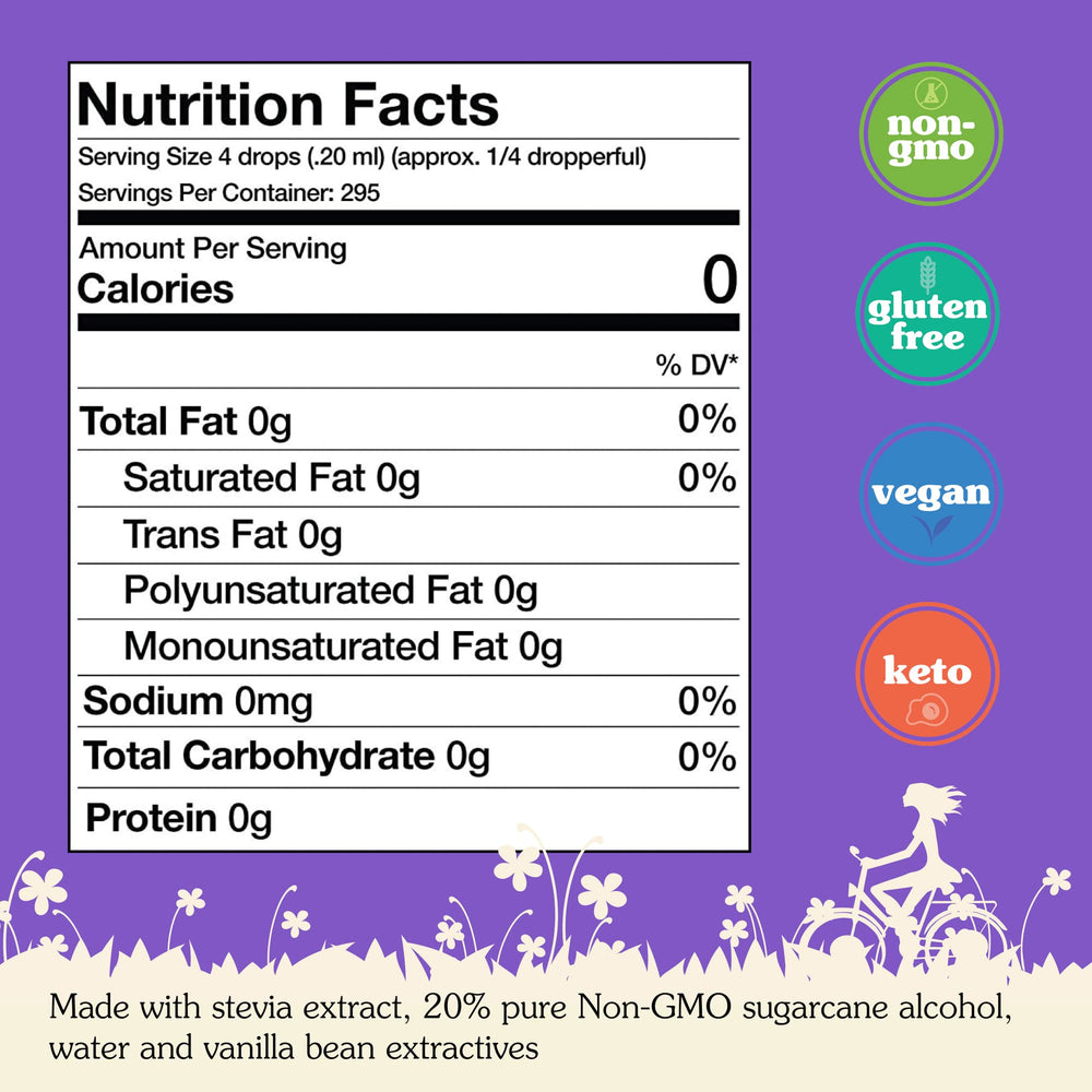 Nunaturals Vanilla Stevia dropper highlights concentrated zero-calorie sweetening.