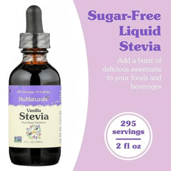 Pouring Nunaturals Vanilla Stevia demonstrates easy drop usage in beverages.