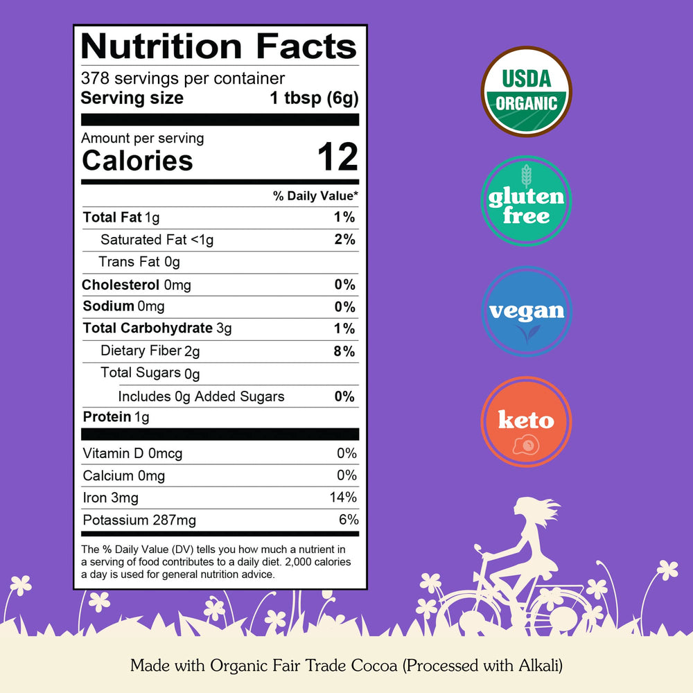 NuNaturals Organic Fairtrade cocoa bag highlights ethical sourcing and rich flavor.