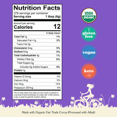 NuNaturals Organic Fairtrade cocoa bag highlights ethical sourcing and rich flavor.