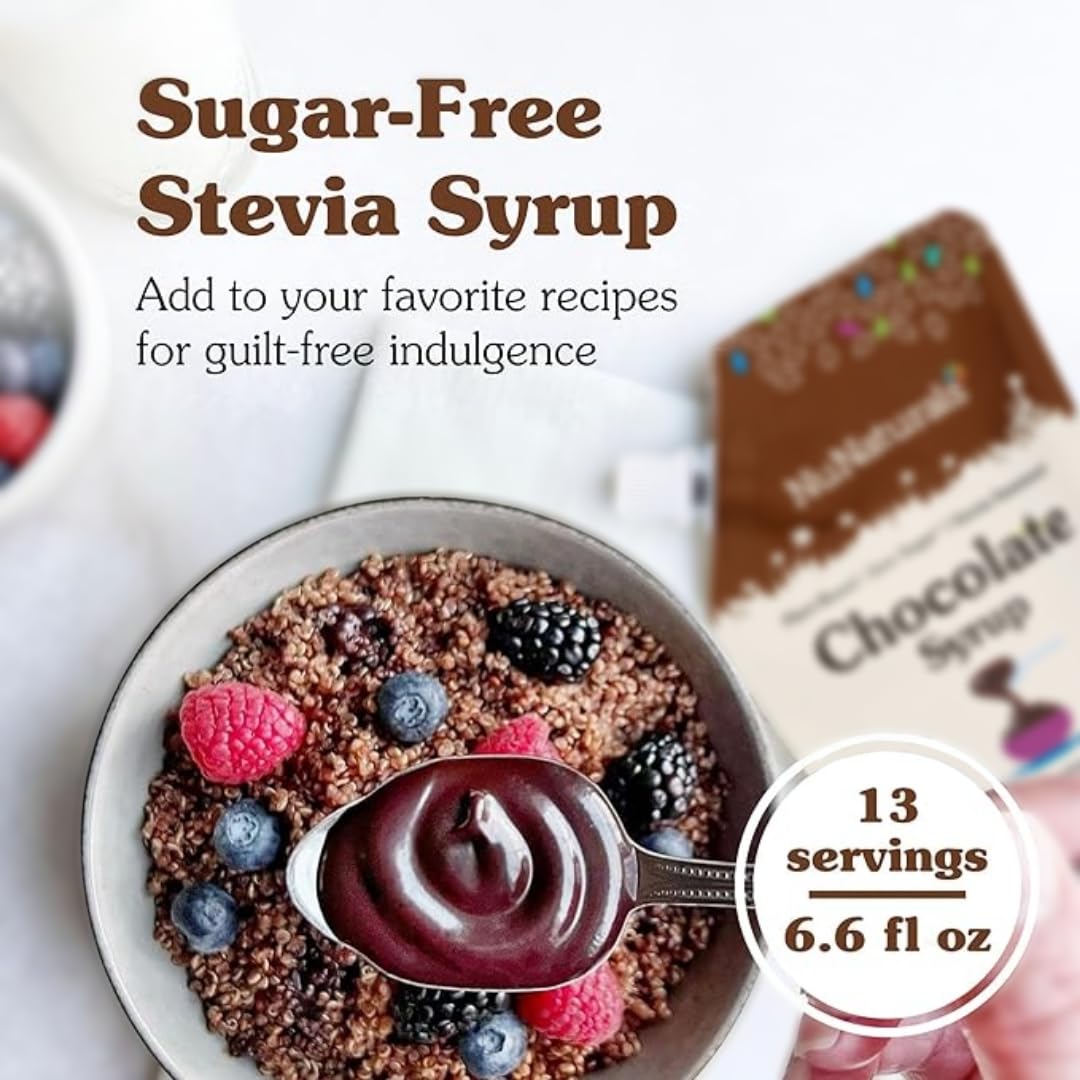 Chocolate drizzle from NuNaturals Stevia Syrup over dessert highlights sugar-free flavor