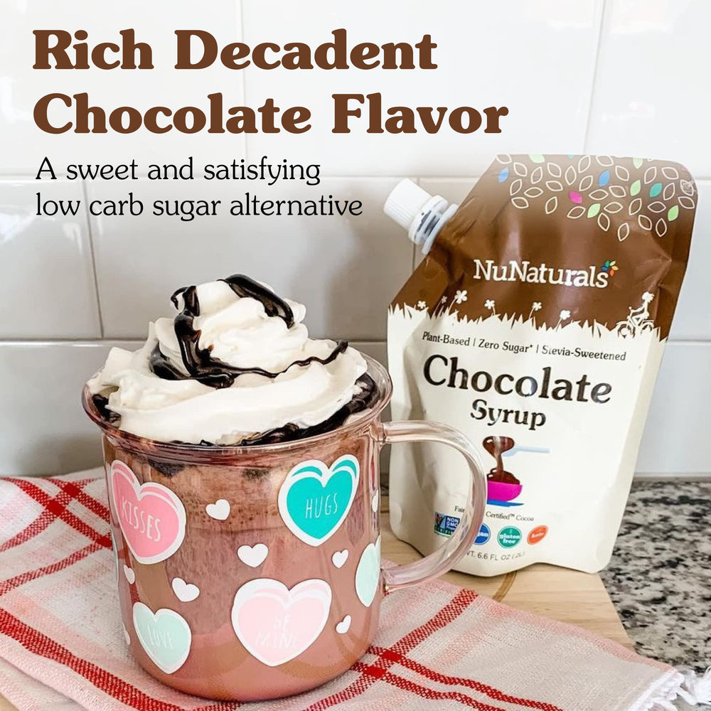 Ice cream topped with NuNaturals Stevia Syrup chocolate adds flavor without sugar