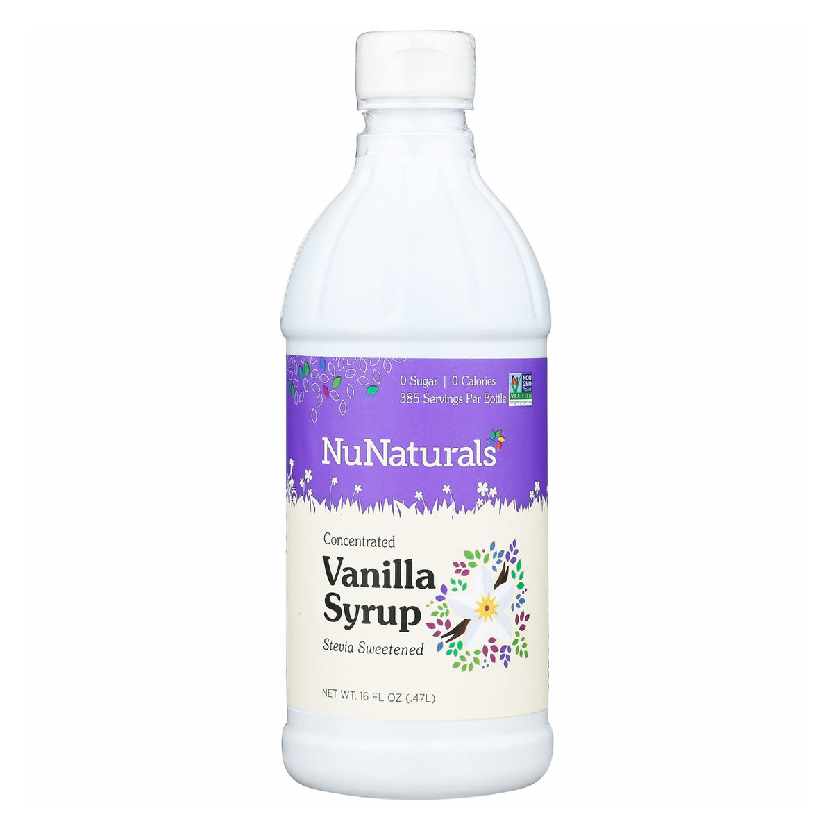NuNaturals vanilla stevia syrup bottle pour delivers zero-calorie sweetness to beverages.