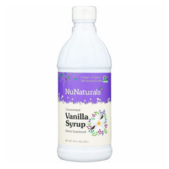 NuNaturals vanilla stevia syrup bottle pour delivers zero-calorie sweetness to beverages.