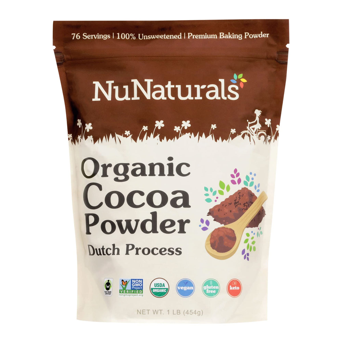 NuNaturals unsweetened organic cocoa powder jar poured for hot chocolate