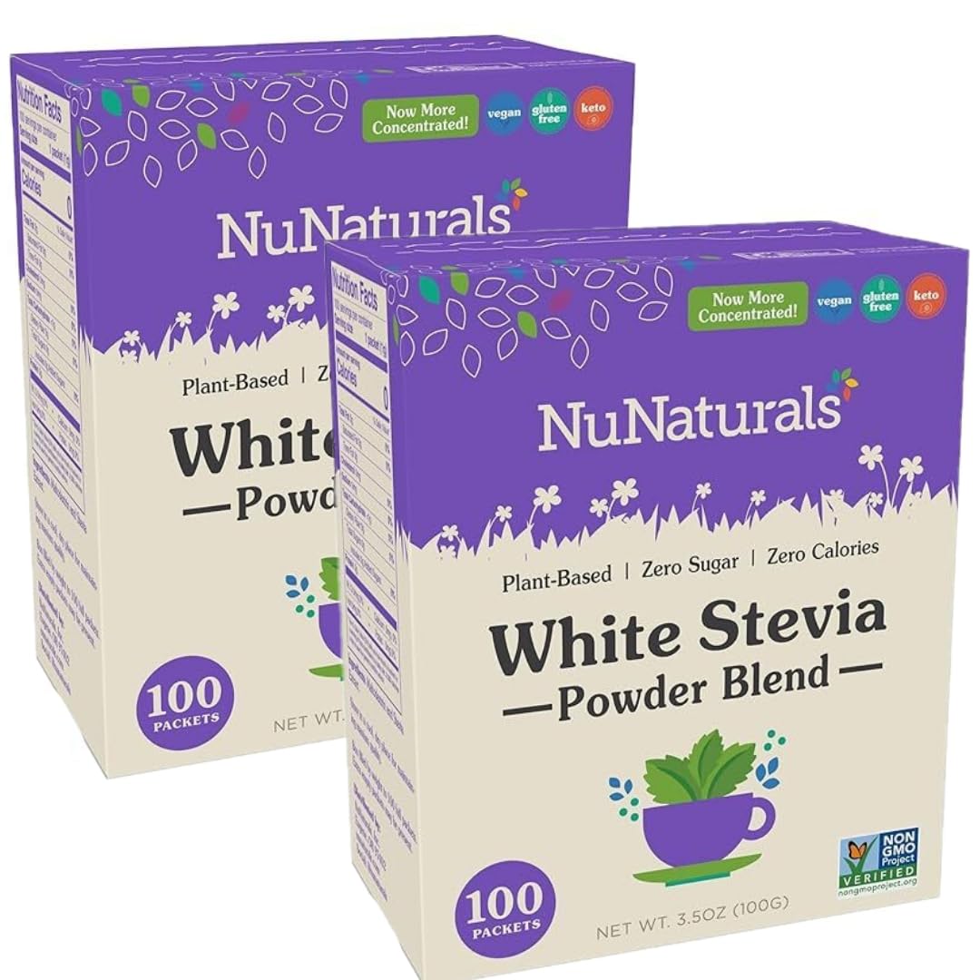 NuNaturals white stevia packets on-the-go for zero-calorie sweetness.