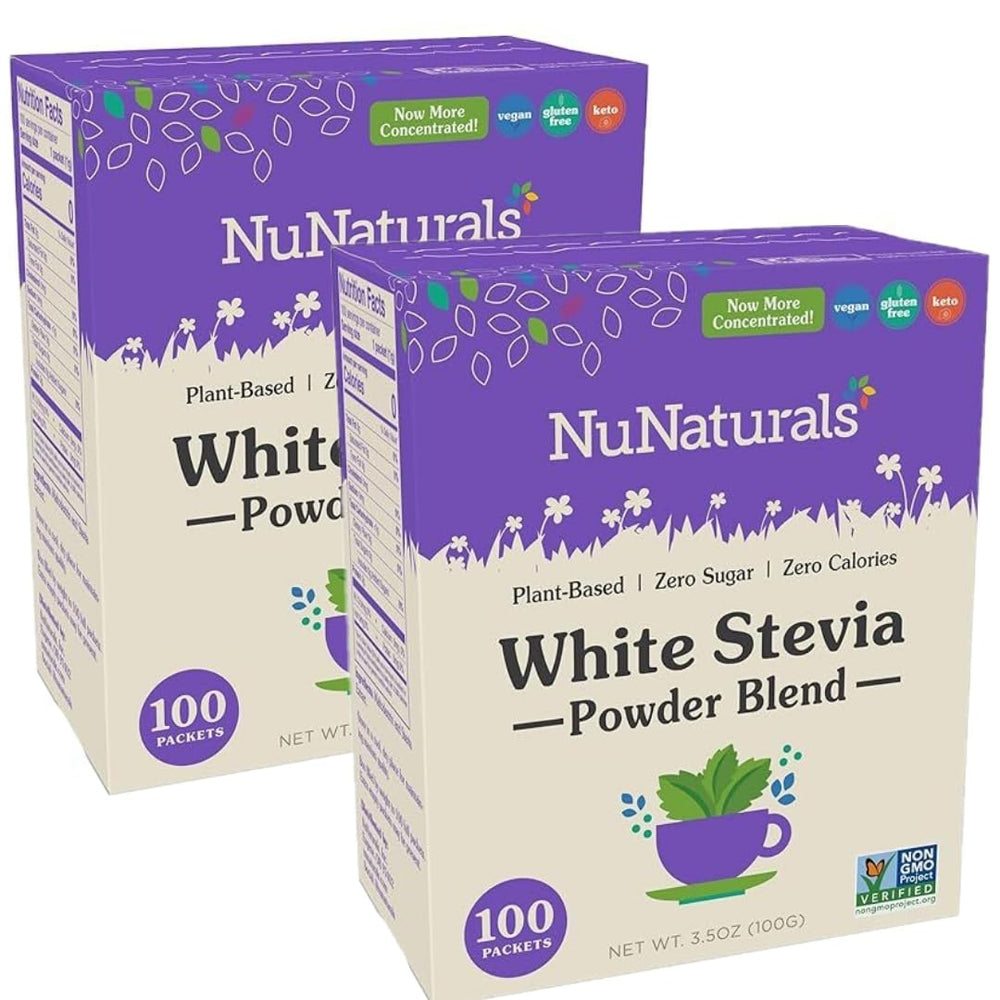 NuNaturals white stevia packets on-the-go for zero-calorie sweetness.