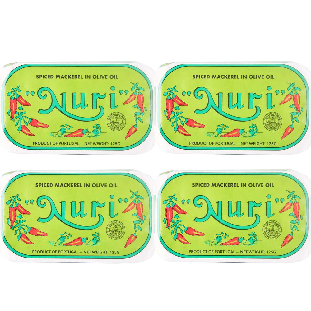 Nuri Mackerel Spiced in Olive Oil can front view shows premium packaging and quality.