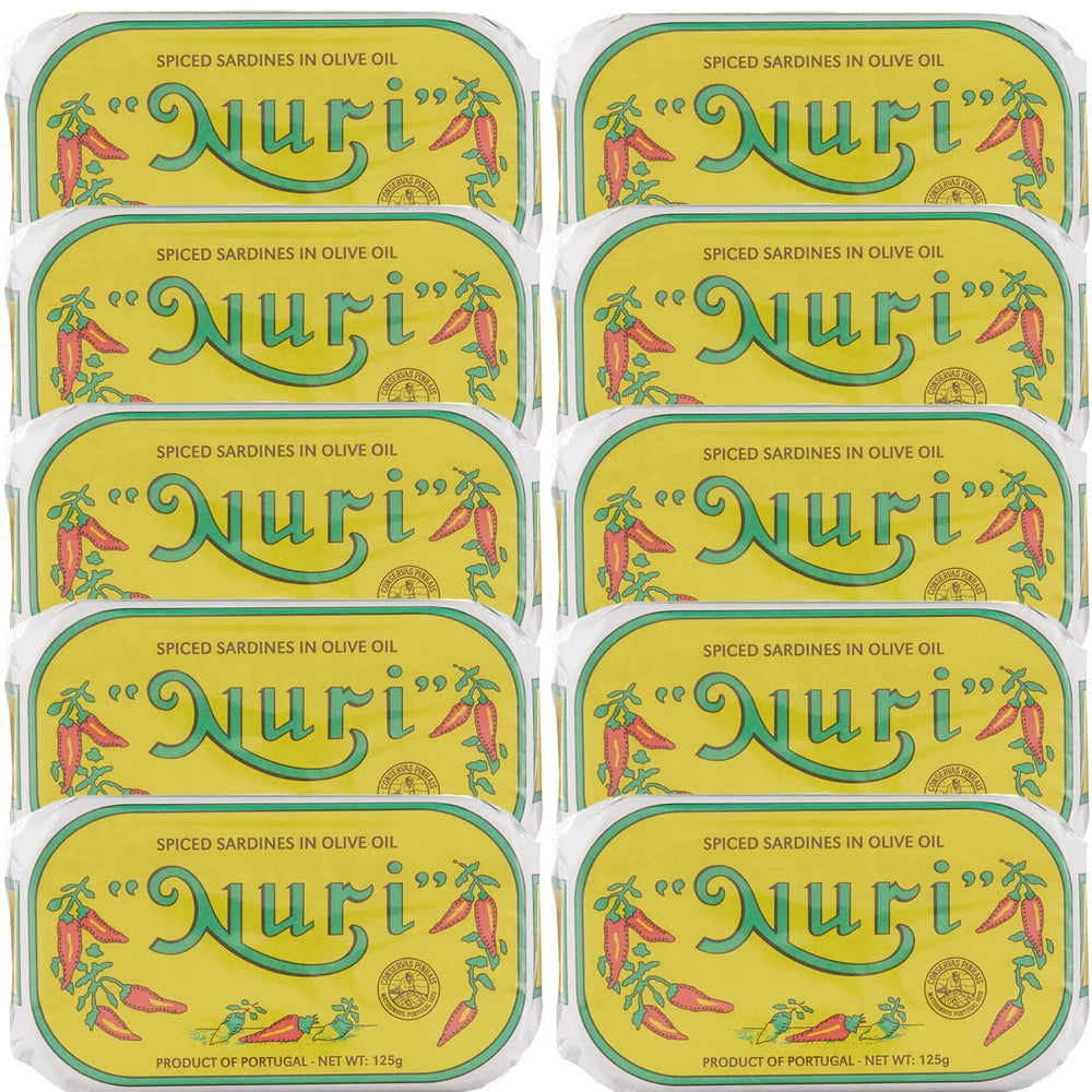Nuri Portuguese sardines in spiced olive oil pack front, premium gifting presentation