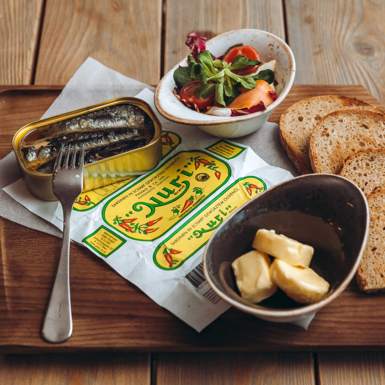 Nuri sardines served on toast for a quick elegant appetizer