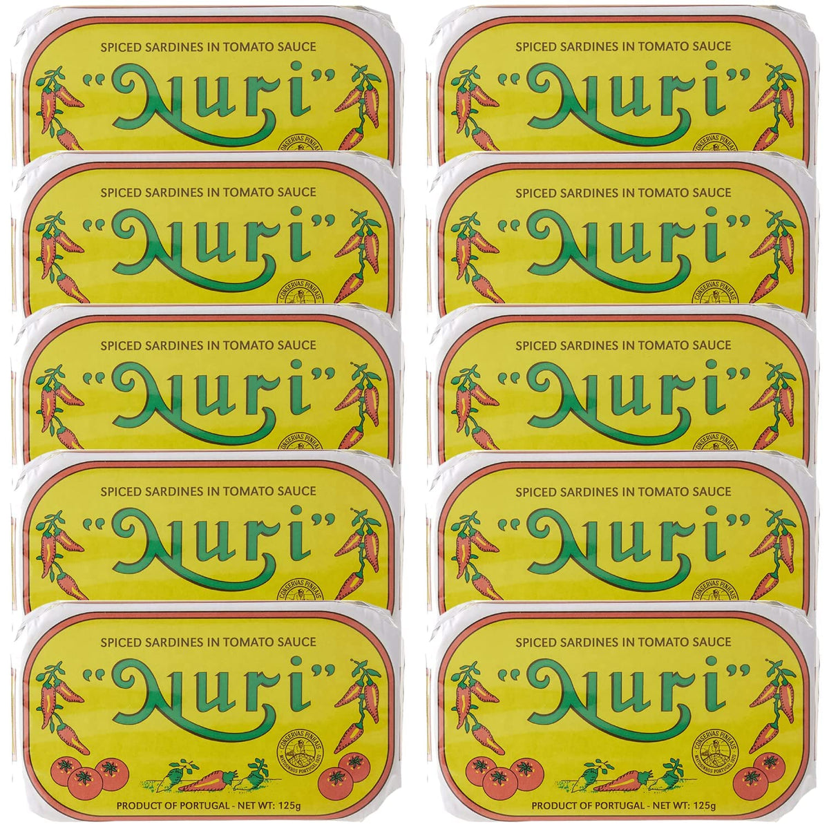Nuri sardines in spiced tomato sauce on can front, ideal pantry staple for quick meals.