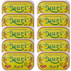 Nuri sardines in spiced tomato sauce on can front, ideal pantry staple for quick meals.