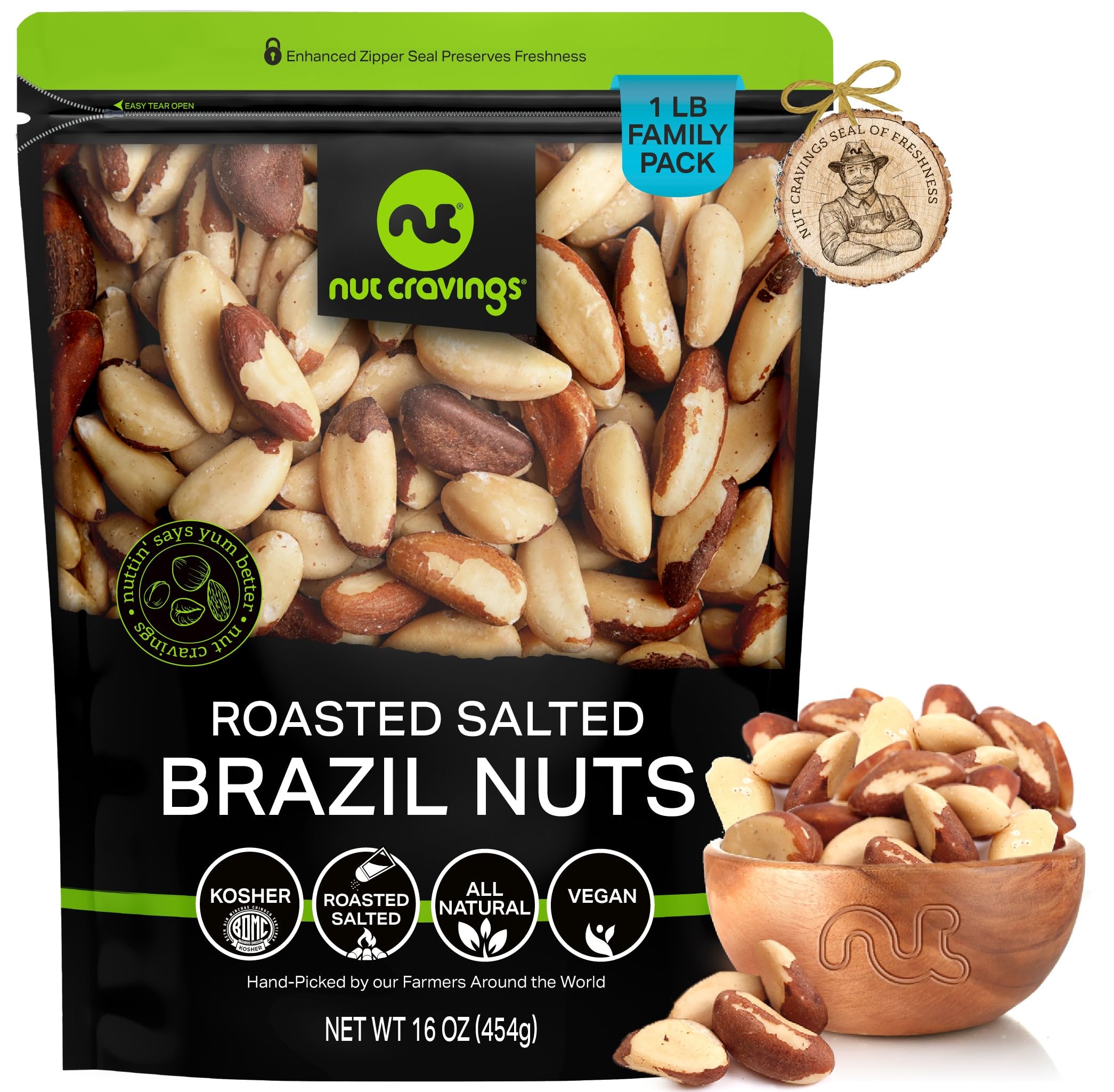 Nut Cravings Brazil nuts roasted-salted-no-shell-16oz bag; great for snacking.