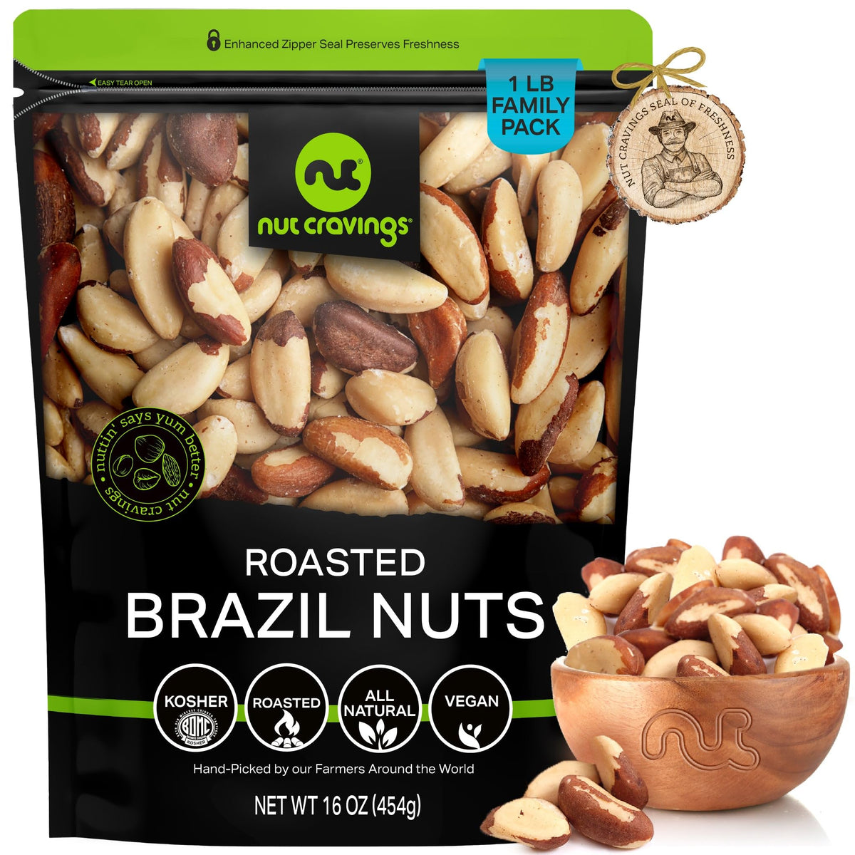 Nut Cravings Brazil nuts roasted and unsalted, no shell, crisp texture.