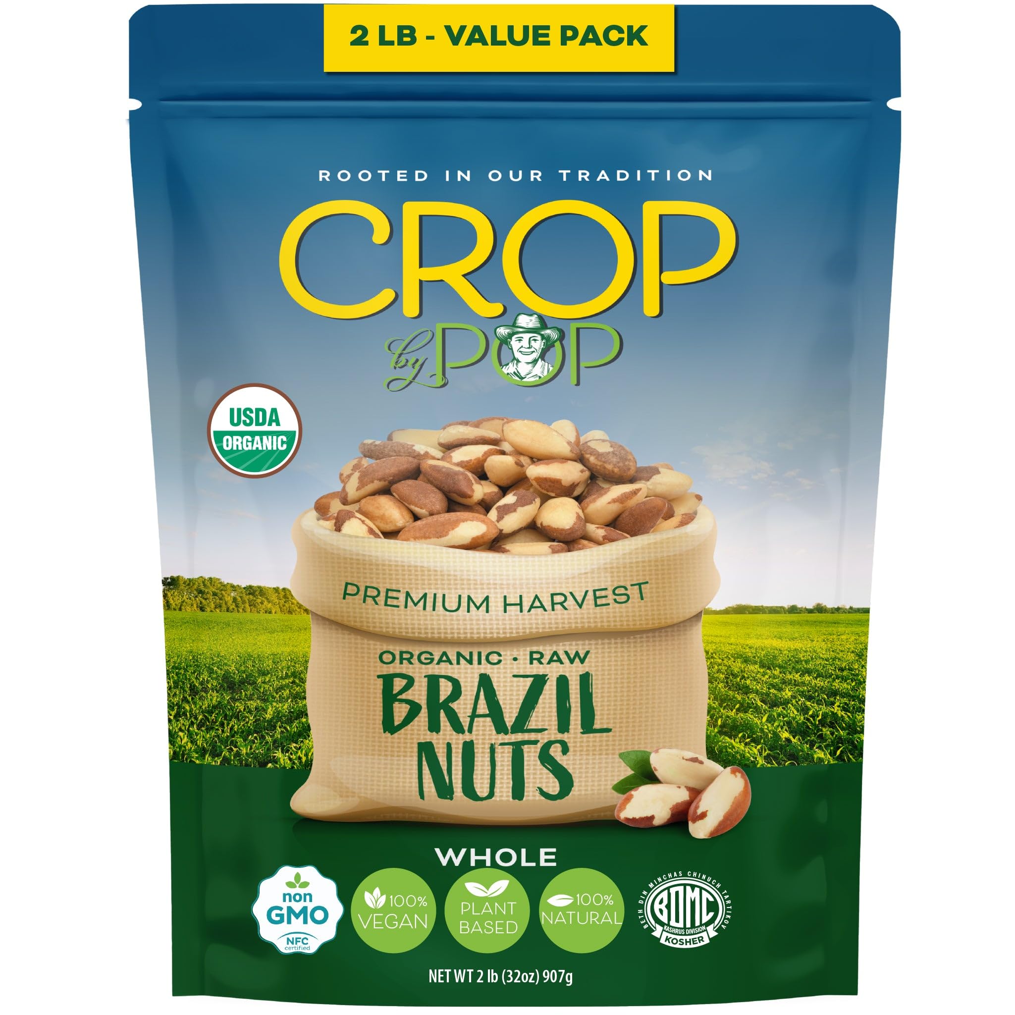 Nut Cravings CROP BY POP package front shows organic Brazil nuts, nutrient-dense.
