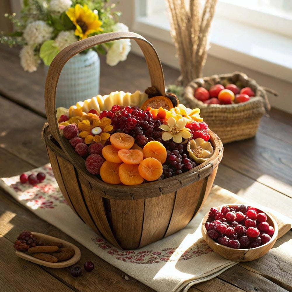 Nut Cravings pears and apricots arrangement shows colorful, textured fruit variety.