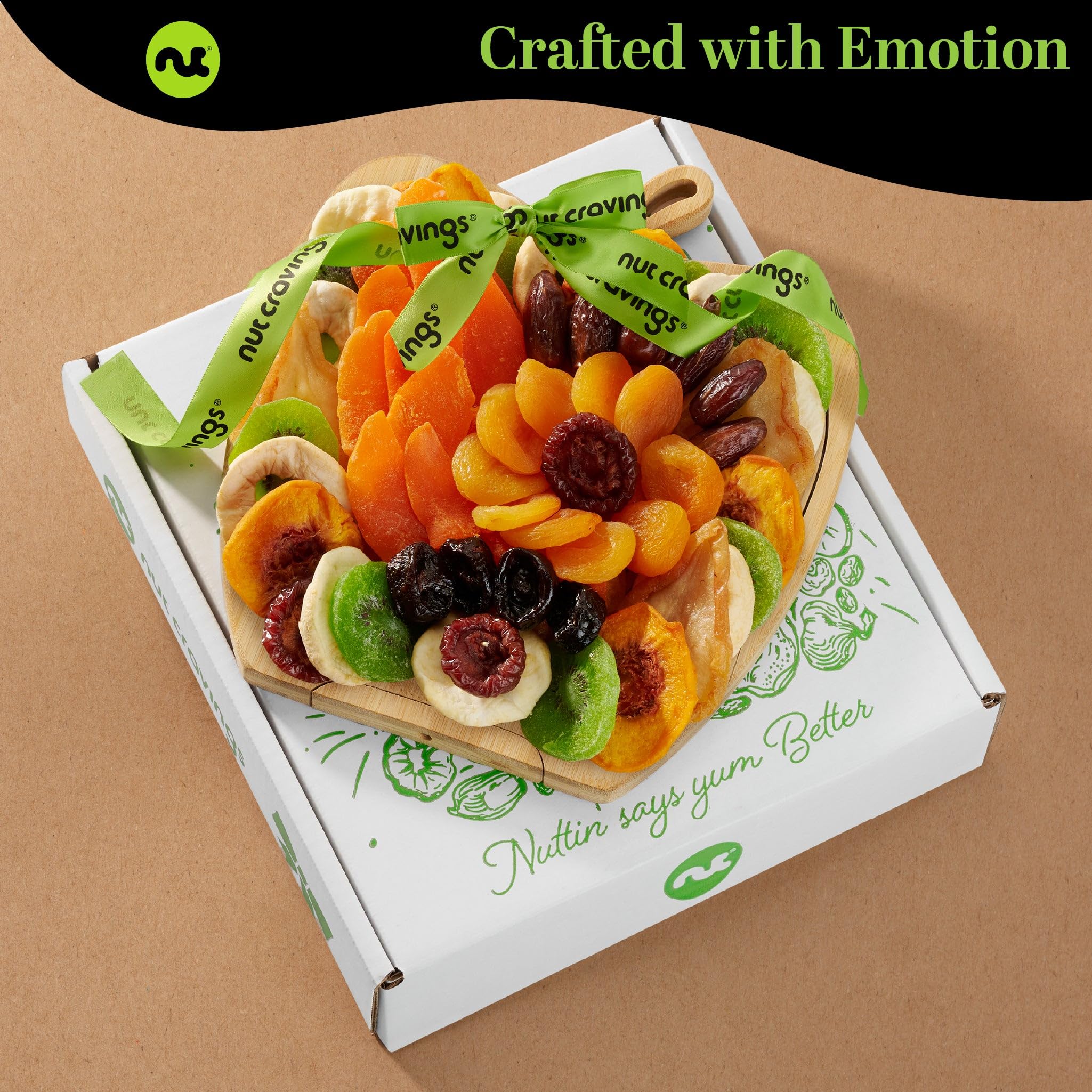 Nut Cravings dried fruit pear and apricot mix on wooden tray.