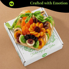 Nut Cravings dried fruit pear and apricot mix on wooden tray.