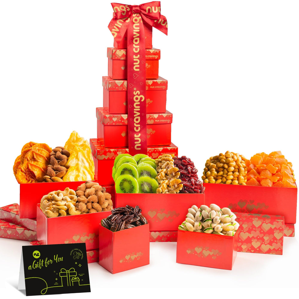 Nut Cravings Easter gift basket closeup showcasing rich dried fruit and nut variety, ideal for gifting.