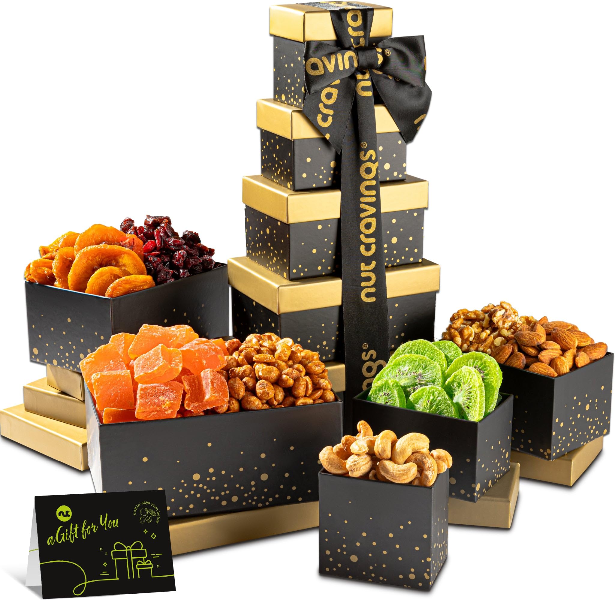 Nut Cravings Easter gift tower with black box, premium nuts for festive gifting.