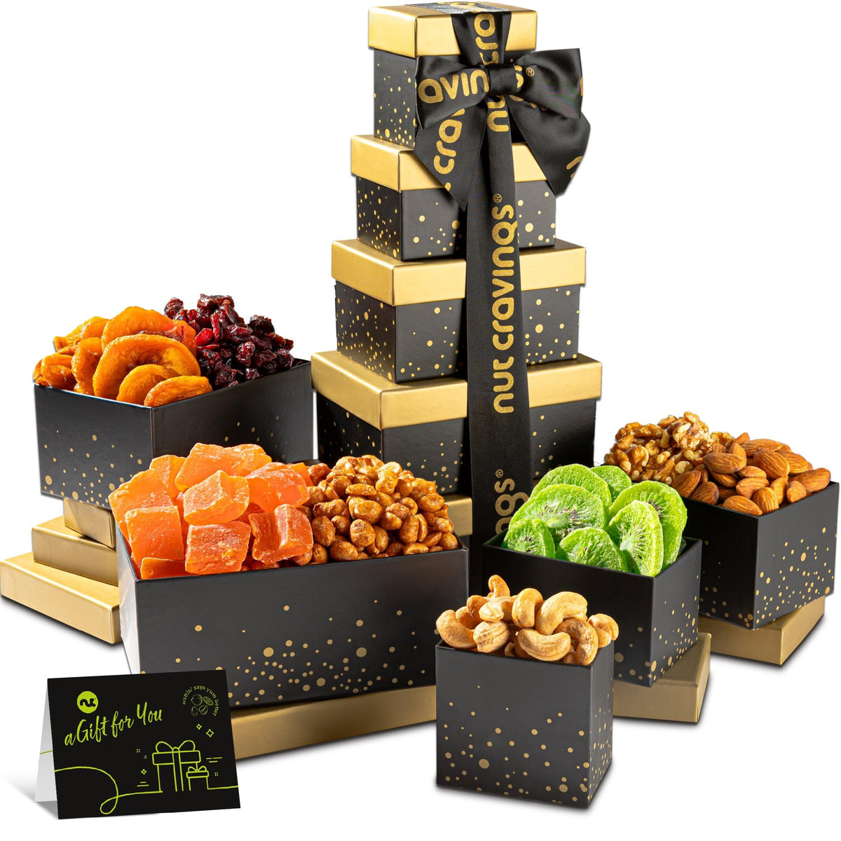Nut Cravings Easter gift tower with black box, premium nuts for festive gifting.