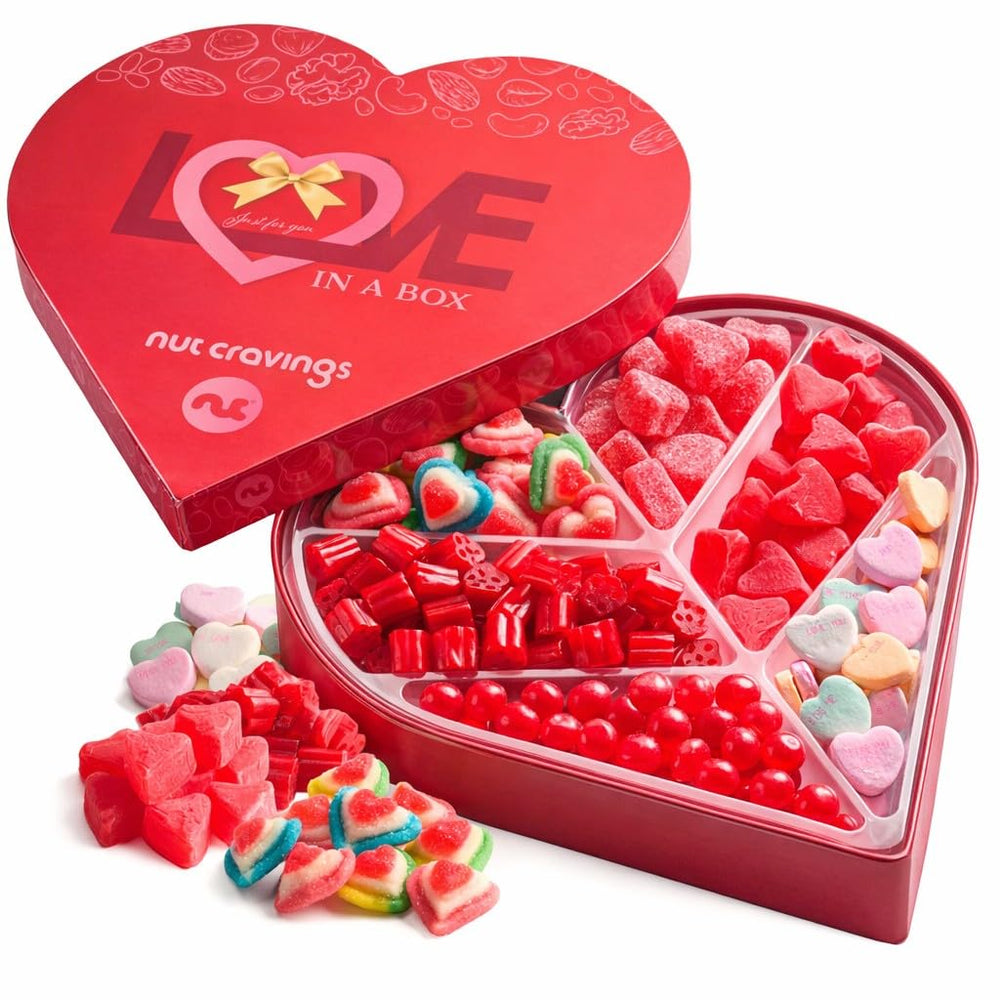 Nut Cravings Easter heart gift basket showing colorful candies for festive gifting and sharing.
