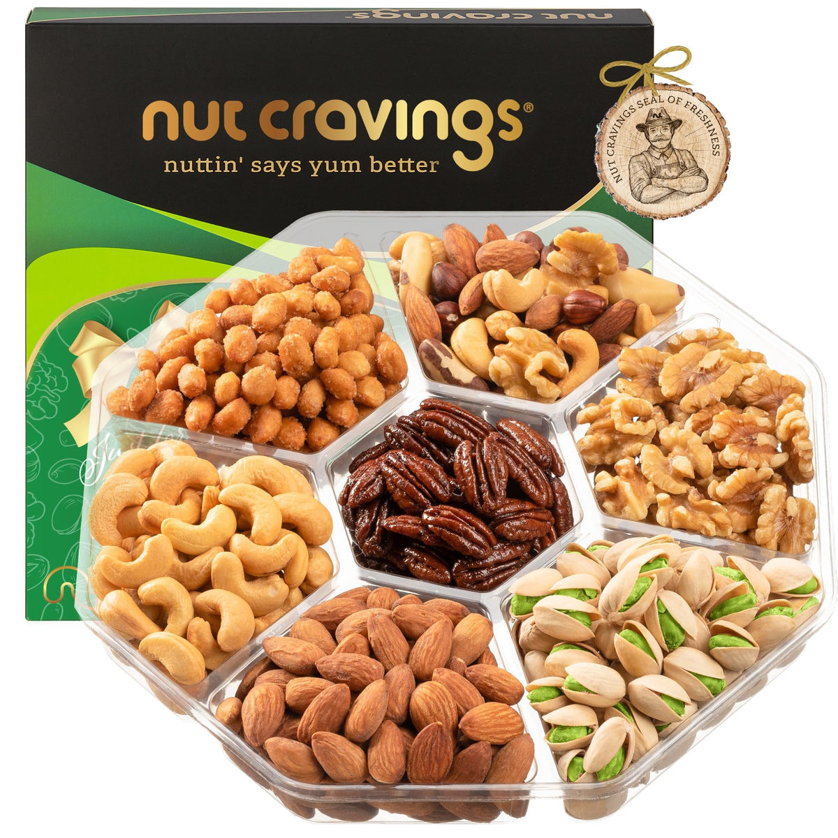 Nut Cravings Easter mixed nuts gift basket in green-gold box for sharing and gifting