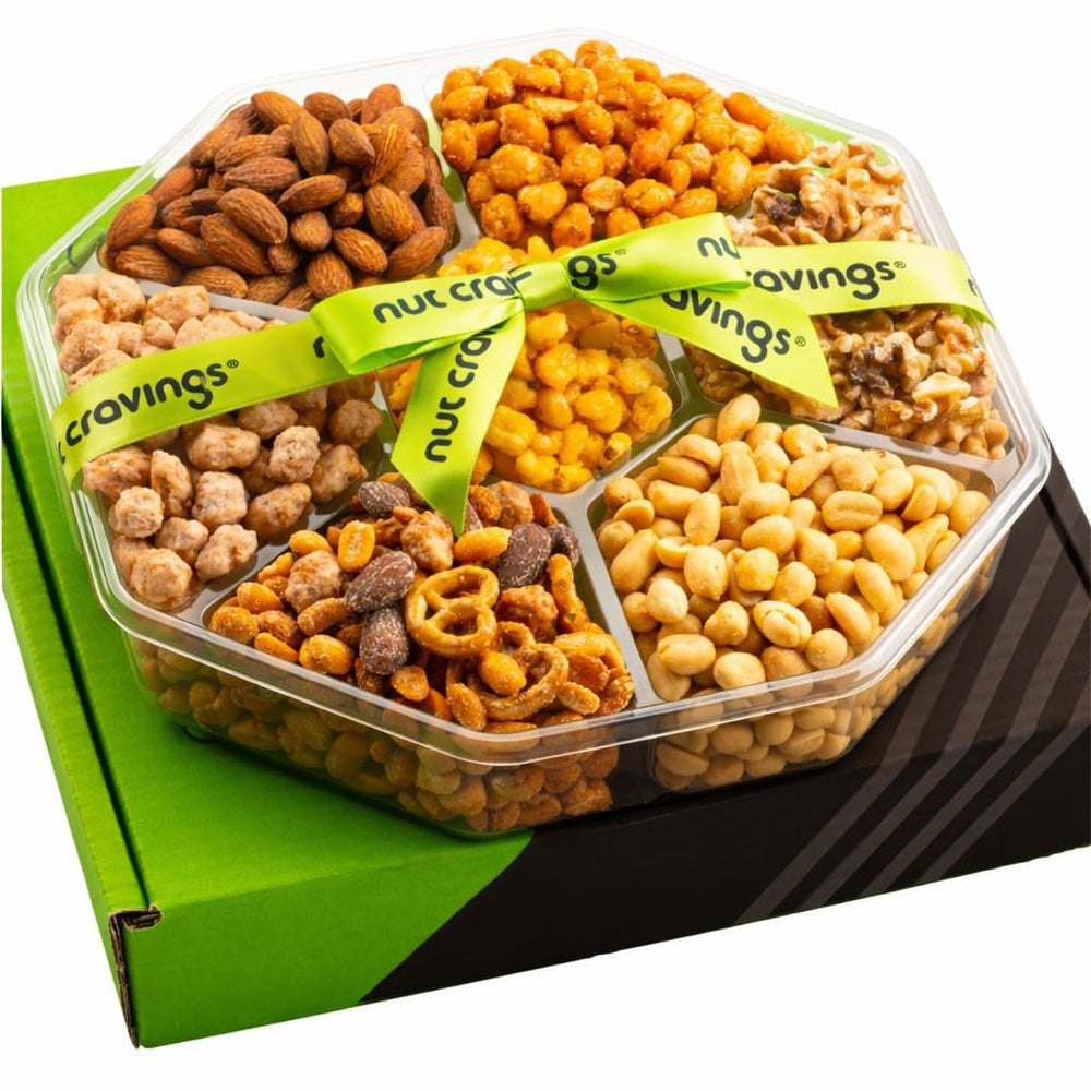 Nut Cravings Easter mixed nuts gift basket with green ribbon, ideal for gifting