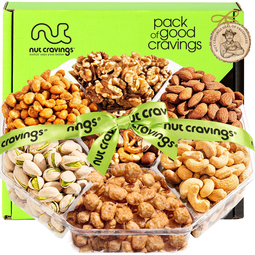Nut Cravings Easter mixed nuts gift basket with green ribbon for sharing and gifting