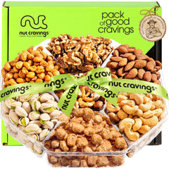 Nut Cravings Easter mixed nuts gift basket with green ribbon for sharing and gifting