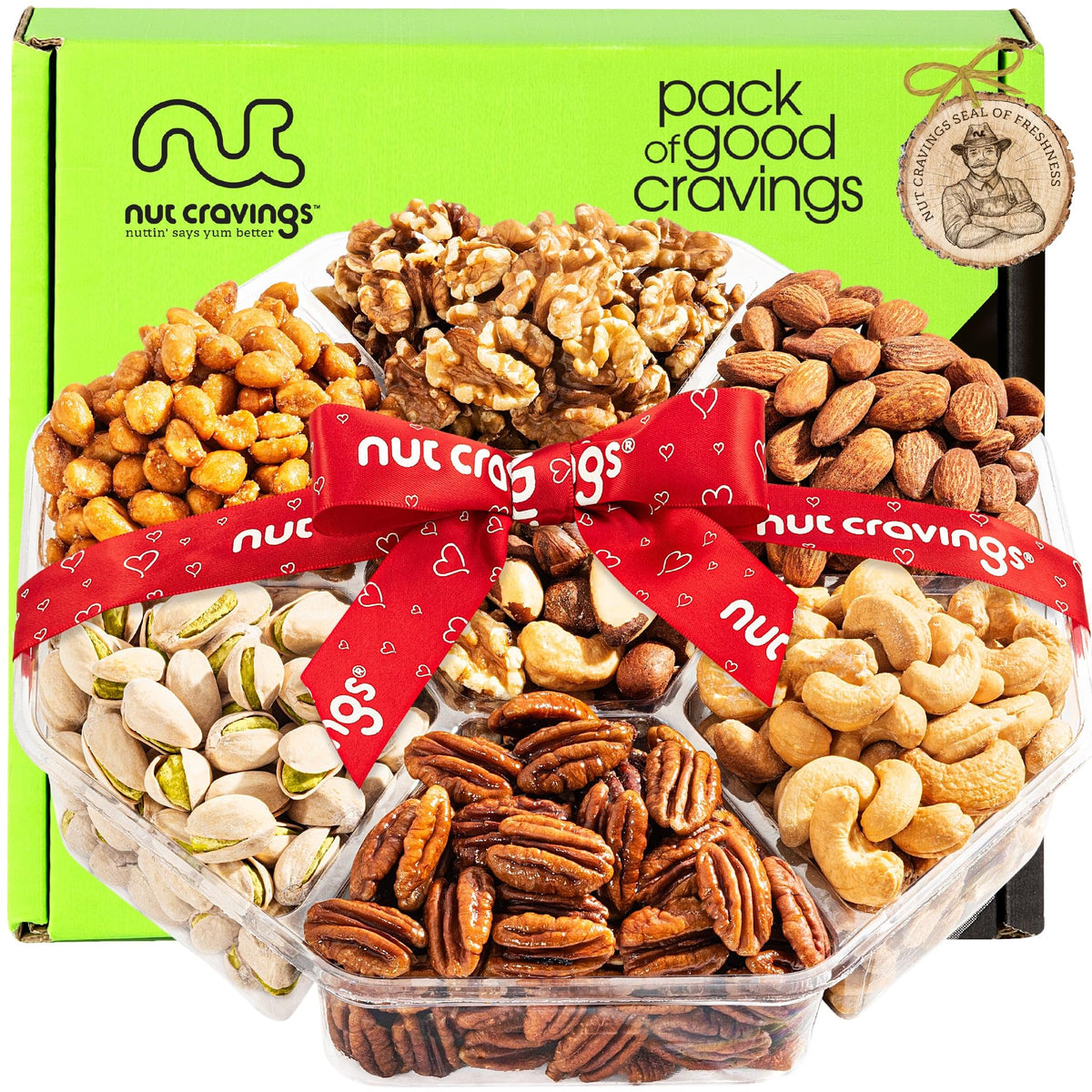 Nut Cravings Easter mixed nuts gift basket with red ribbon, ideal for gifting and sharing.