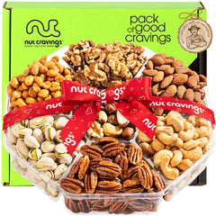 Nut Cravings Easter mixed nuts gift basket with red ribbon, ideal for gifting and sharing.