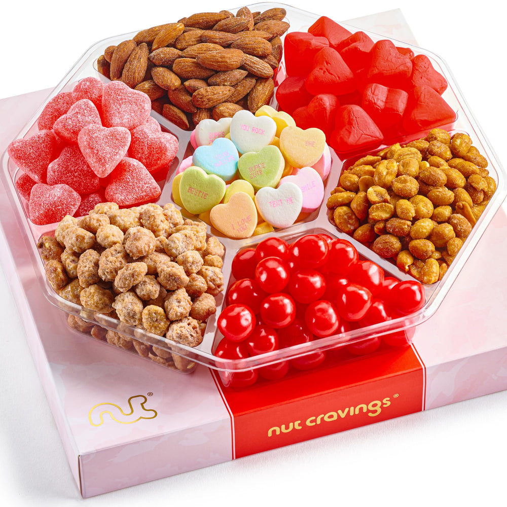 Nut Cravings Easter gift basket with mixed nuts and heart candies in a red-gold box